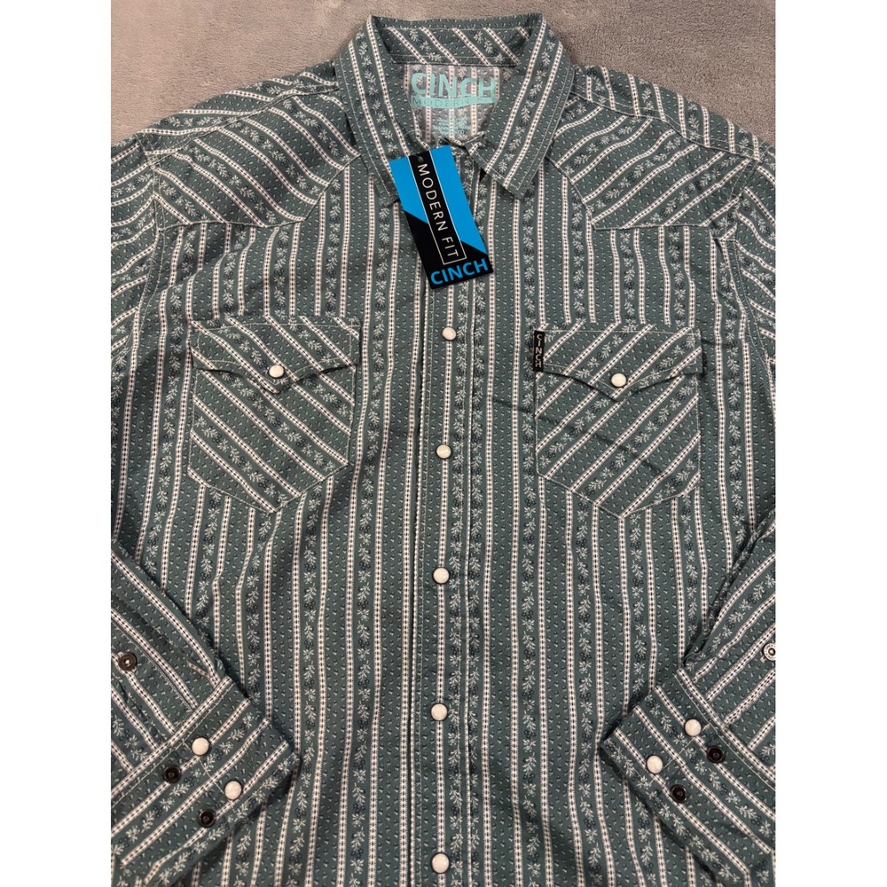 Cinch Modern Fit Mens Large Western Snap Shirt Teal Floral Stripe Long Sleeve